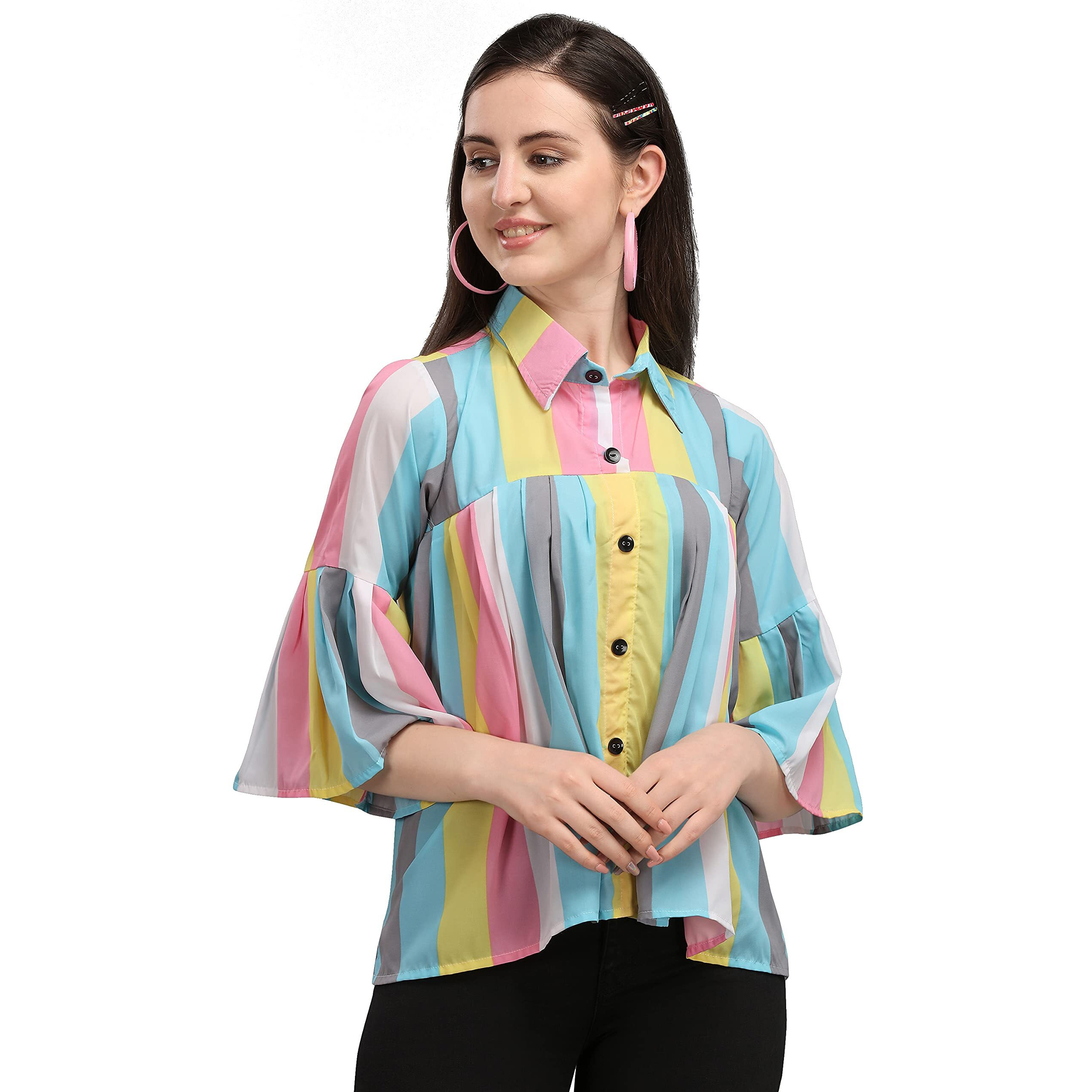 Wedani Women's Casual Bell Sleeves Colour Block Women's Multicolour Top Blue