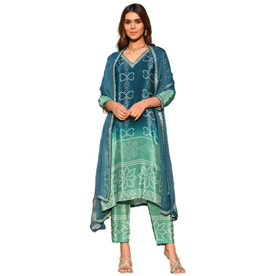 Wedani Soft Chinon Silk Bandhani Print with Sequence Embroidery Lace Border Kurta Pant Set with Dupatta for Women-Turquoise