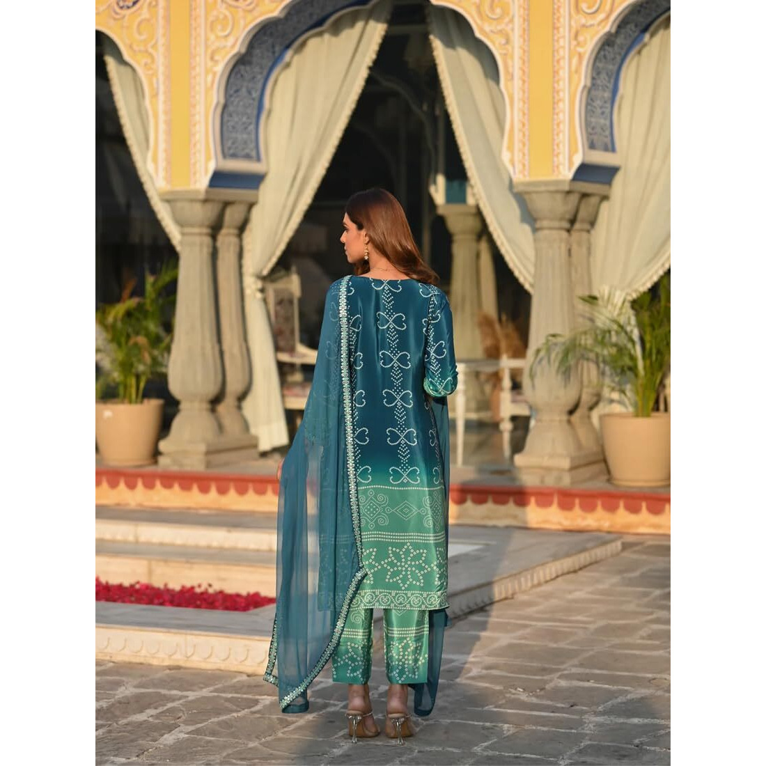 Wedani Soft Chinon Silk Bandhani Print with Sequence Embroidery Lace Border Kurta Pant Set with Dupatta for Women-Turquoise
