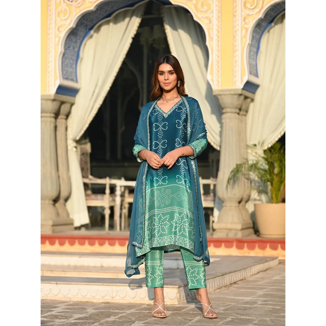 Wedani Soft Chinon Silk Bandhani Print with Sequence Embroidery Lace Border Kurta Pant Set with Dupatta for Women-Turquoise