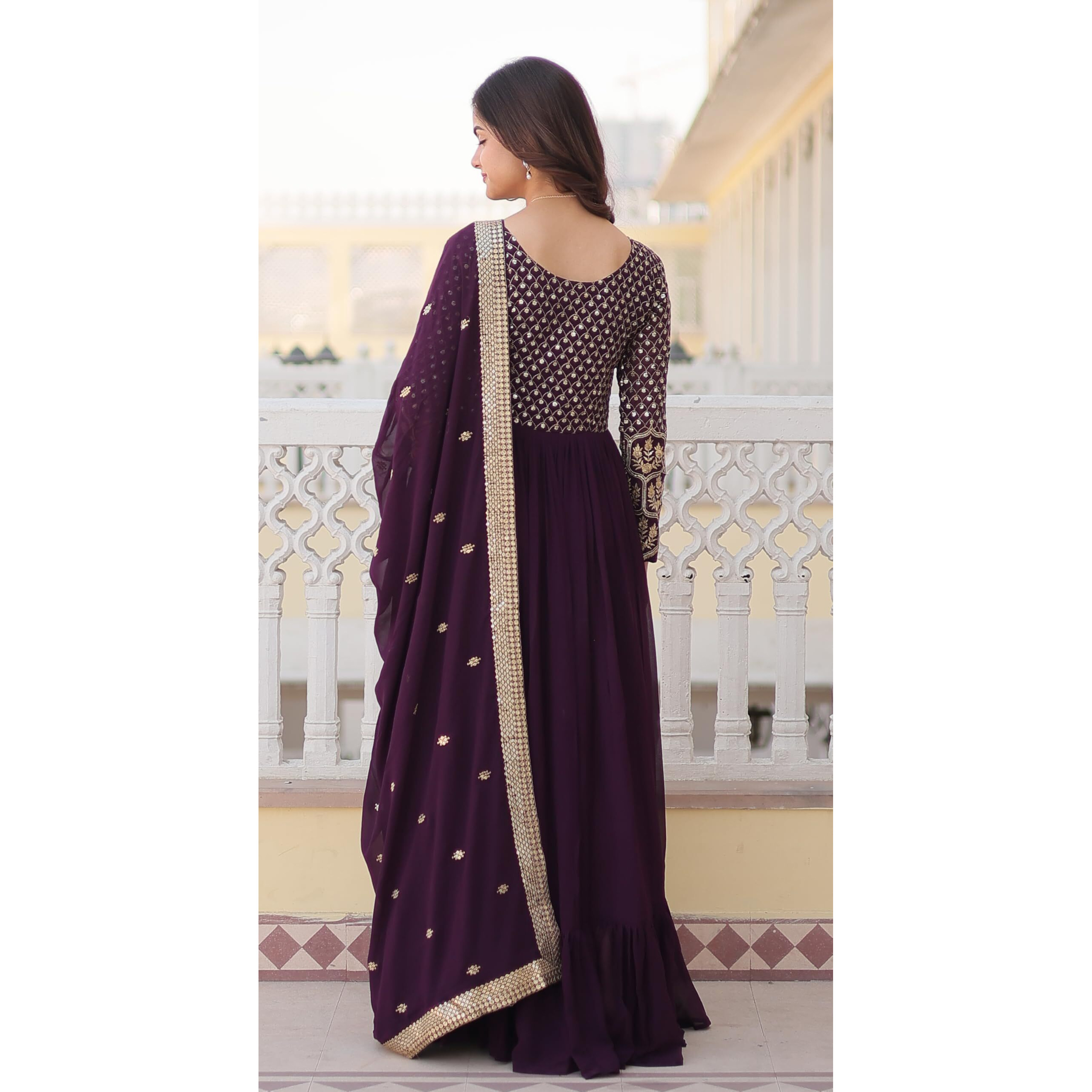 Weadni Georgette Embroidered Work Anarkali Kurta Set For women (IN, Alpha, L, Regular, WINE)