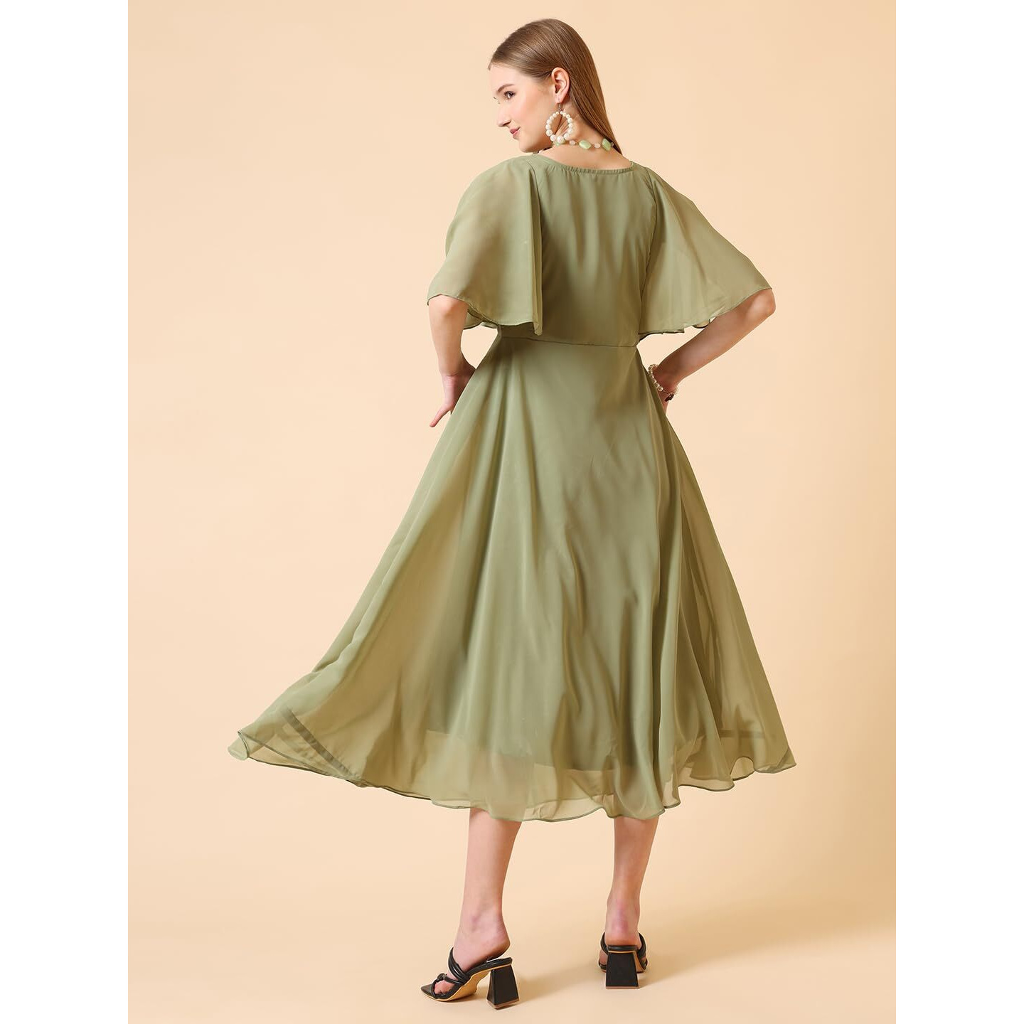 Wedani Georgette Printed One Piece Dress for Women Green