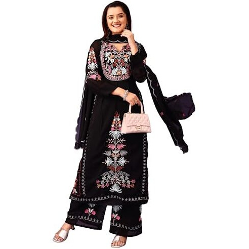 Wedani Faux Georgette Embroidered Kurta Set with Duptta for Women (in, Alpha, XL, Regular, Black)