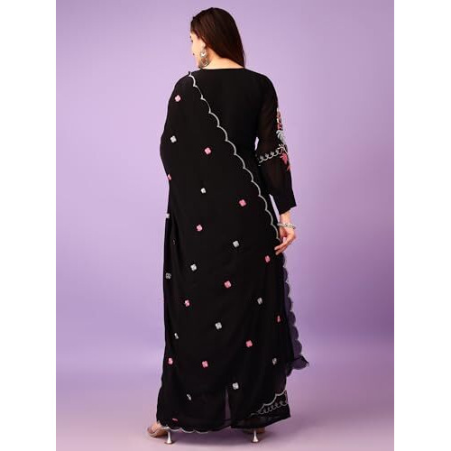 Wedani Faux Georgette Embroidered Kurta Set with Duptta for Women (in, Alpha, XL, Regular, Black)