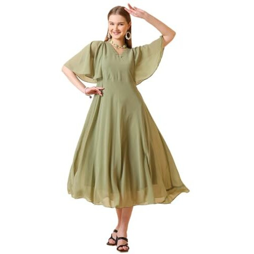 Wedani Georgette Printed One Piece Dress for Women Green