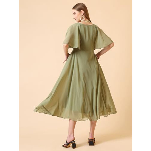 Wedani Georgette Printed One Piece Dress for Women Green
