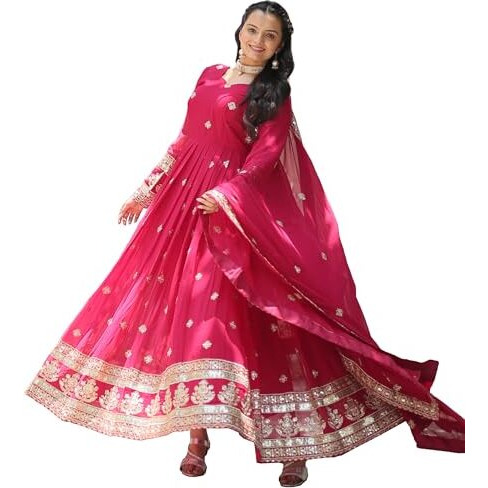 Wedani Faux Georgette with Embroidered Work Anarkali Set for Women (in, Alpha, 2XL, Regular, Pink)
