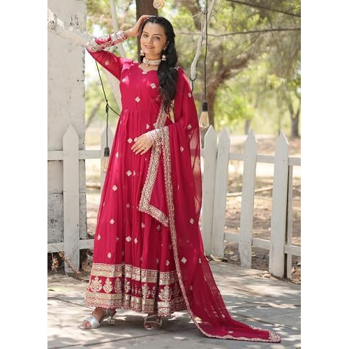Wedani Faux Georgette with Embroidered Work Anarkali Set for Women (in, Alpha, 2XL, Regular, Pink)