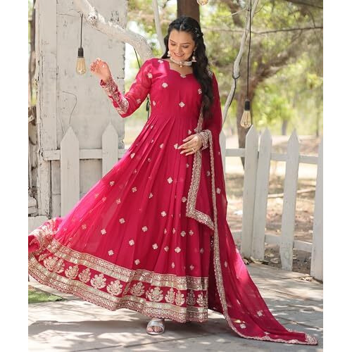 Wedani Faux Georgette with Embroidered Work Anarkali Set for Women (in, Alpha, 2XL, Regular, Pink)