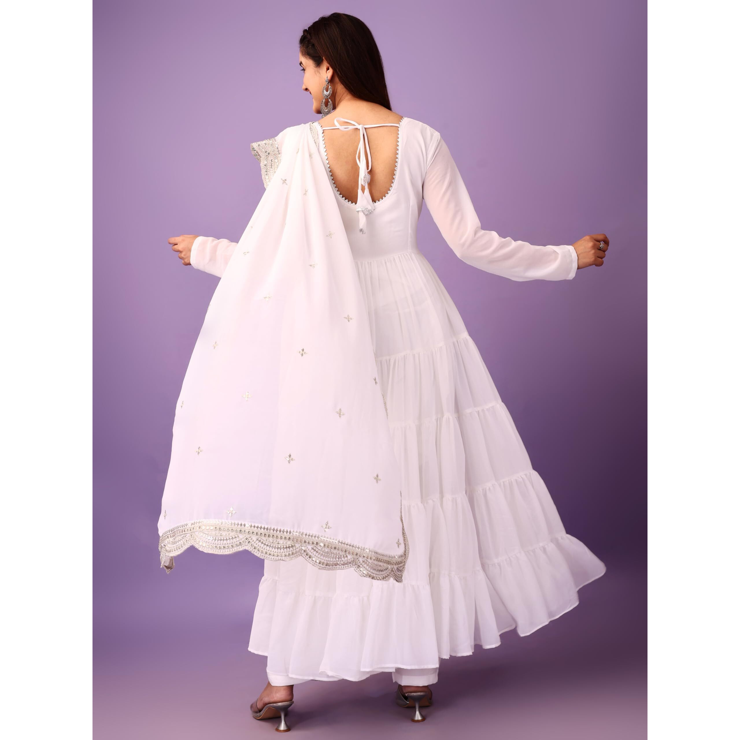 Wedani Georgette Sequins Work Anarkali Kurta Set for Women (in, Alpha, XL, Regular, White)