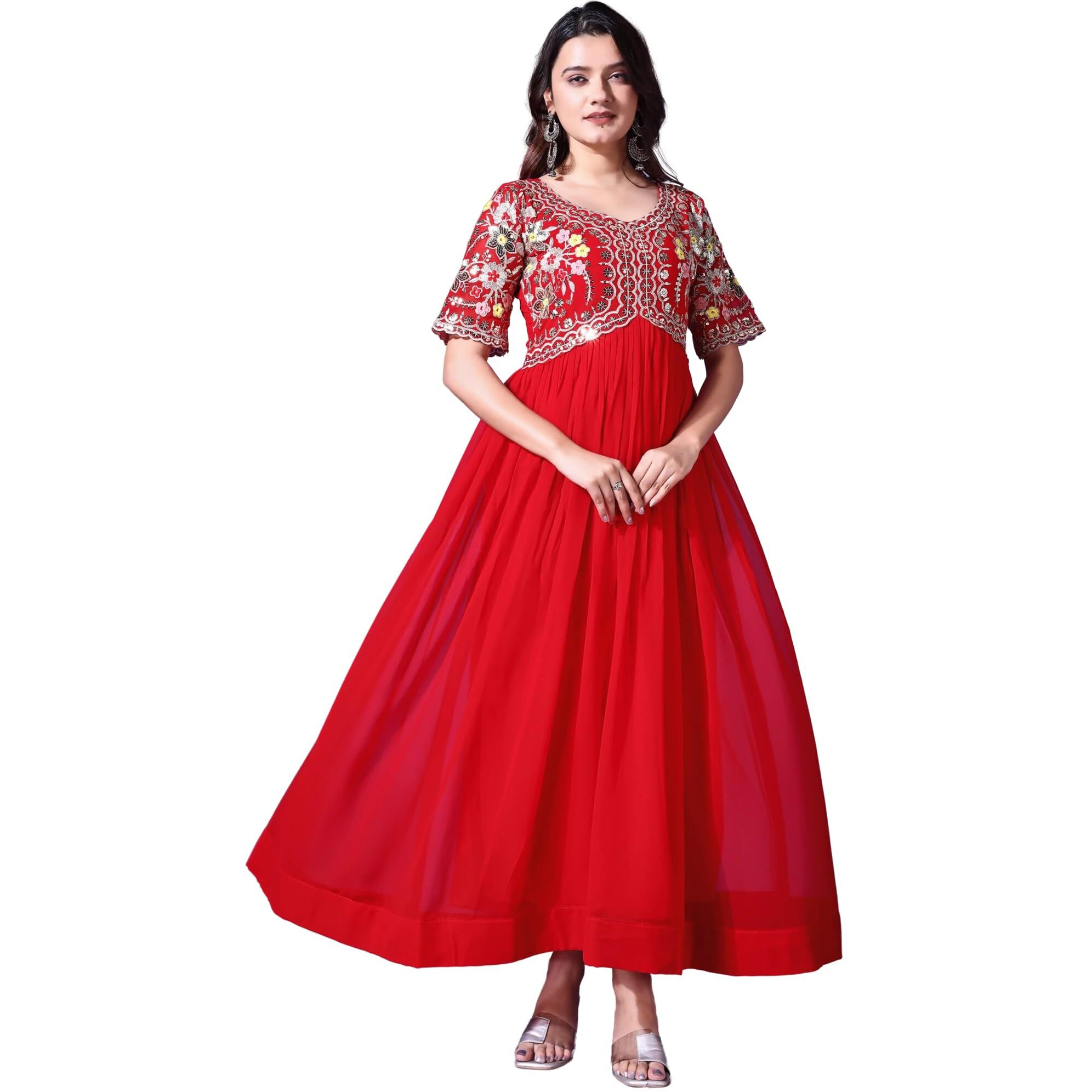 Wedani Georgette Embroidered Anarkali Gown for Women (in, Alpha, S, Regular, RED)