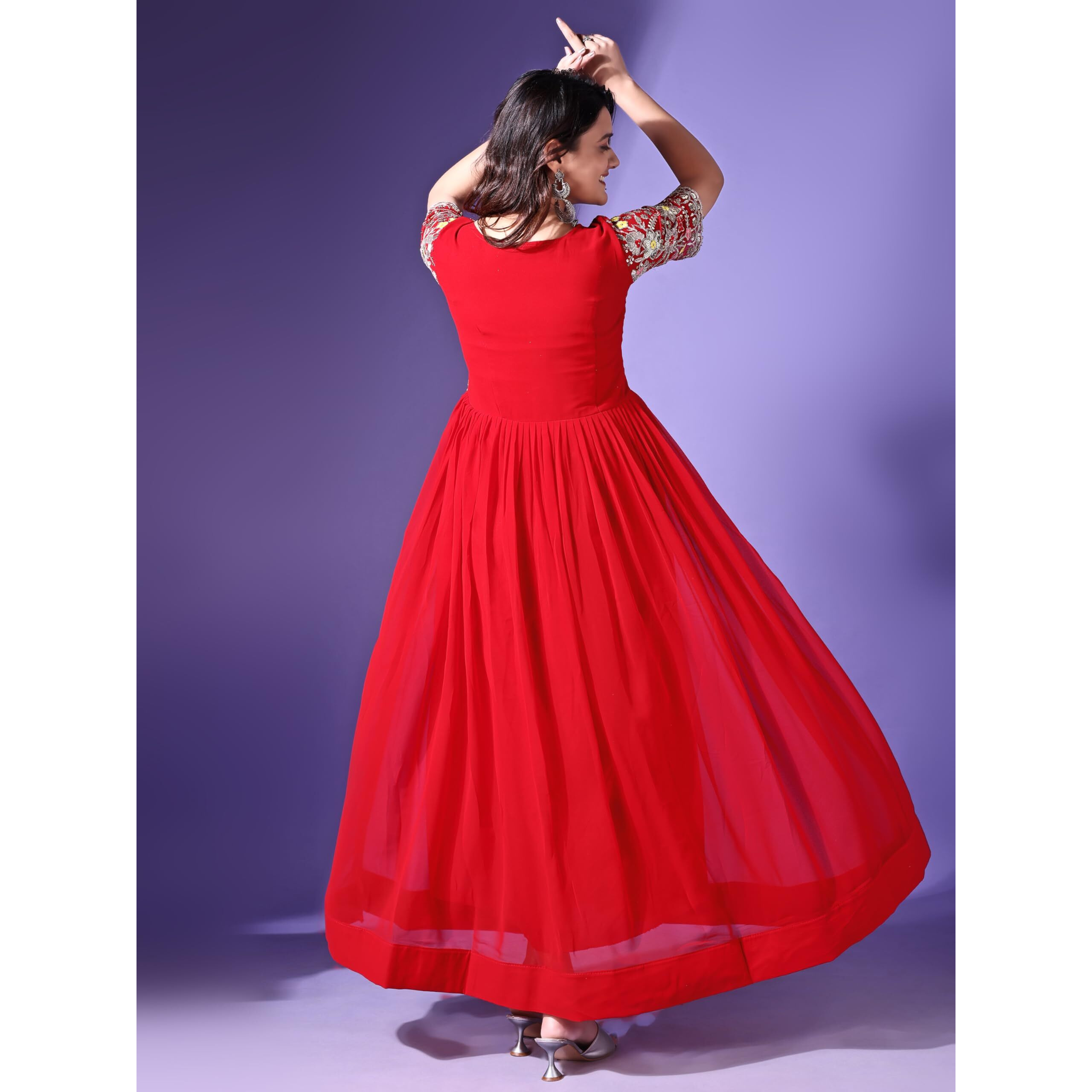 Wedani Georgette Embroidered Anarkali Gown for Women (in, Alpha, S, Regular, RED)