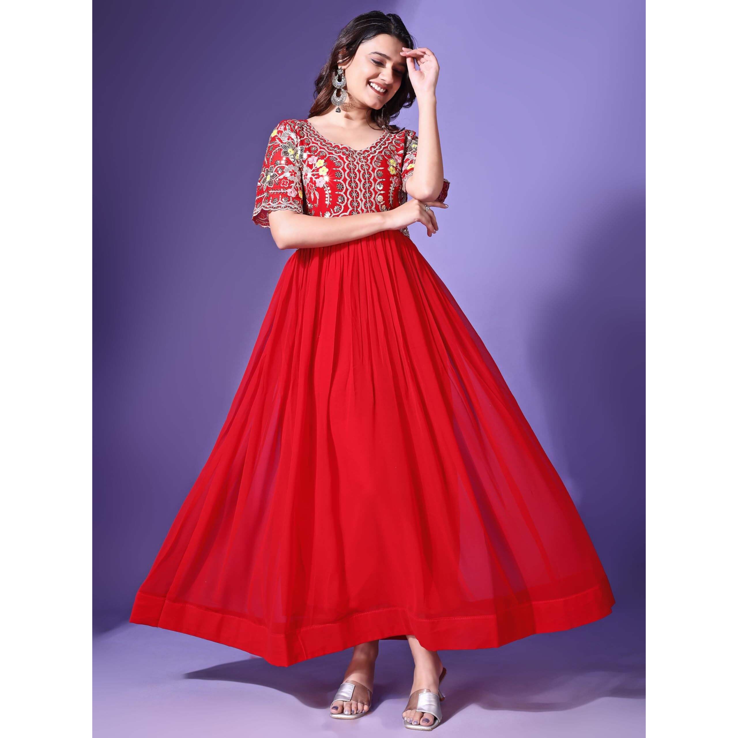 Wedani Georgette Embroidered Anarkali Gown for Women (in, Alpha, S, Regular, RED)