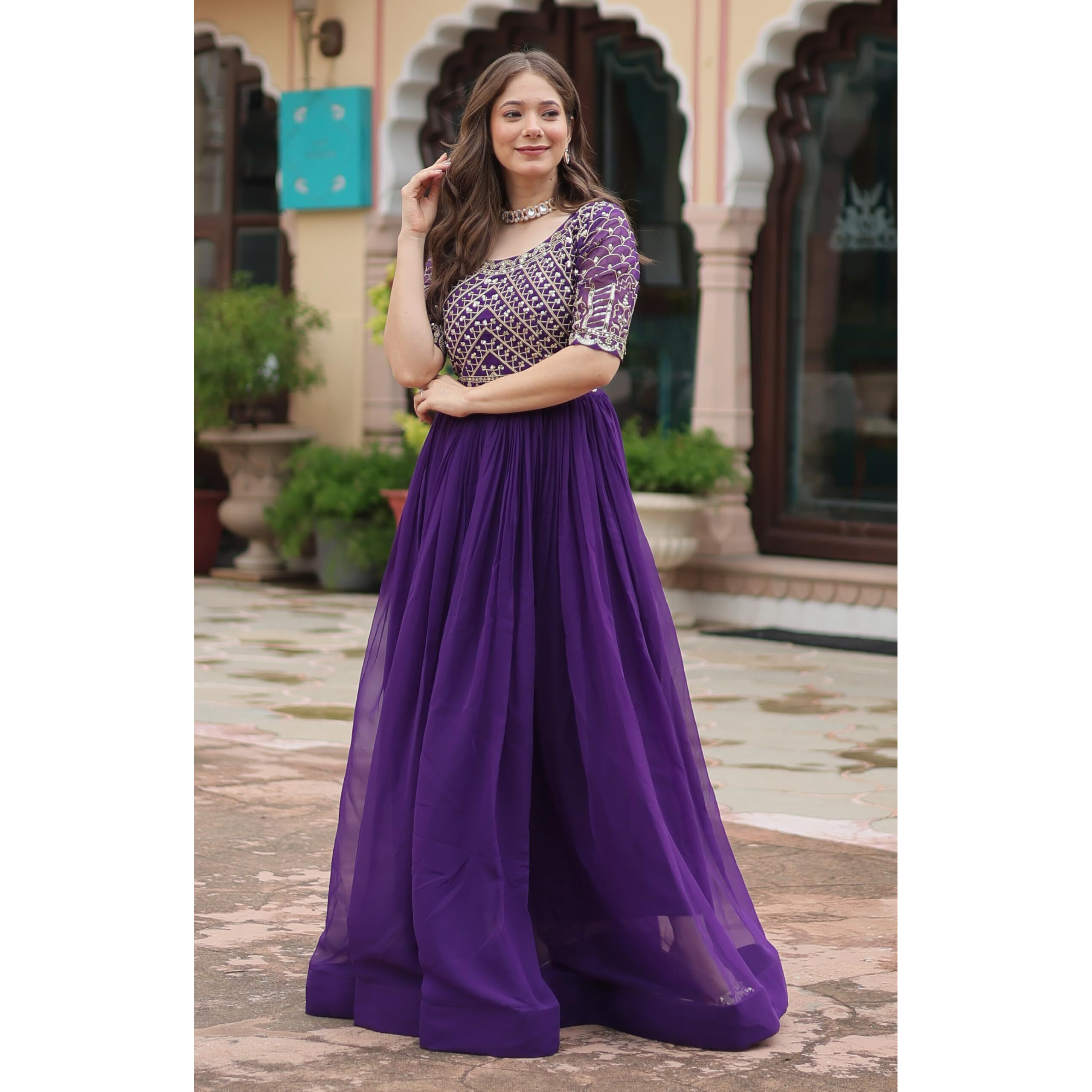 Wedani Faux Georgette Sequins-Work Anarkali Kurta Set for Women (in, Alpha, L, Regular, Purple)