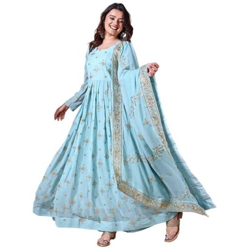 Wedani Women's Georgette Anarkali Dress Sky Blue