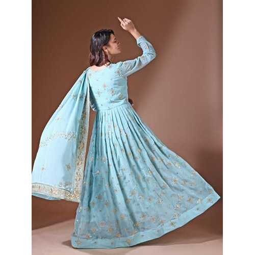 Wedani Women's Georgette Anarkali Dress Sky Blue