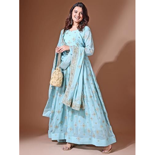 Wedani Women's Georgette Anarkali Dress Sky Blue
