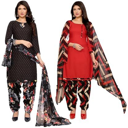 Yashika Women's Crepe Dress Material Set for Women | Unstitched Printed Fabric for Kurta Bottom & Dupatta (YS-BLACK FLOWER-MALVIKA RED)