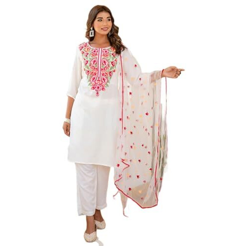 Yashika Women's Regular Embroidered Cotton Blend Kurta Pant Set This Elegant Ensemble For Special & Casual Wear, Includes A Straight Kurta, Pants & Dupatta (Az-Ys-P1-Ks2103-Xl_White, X-Large