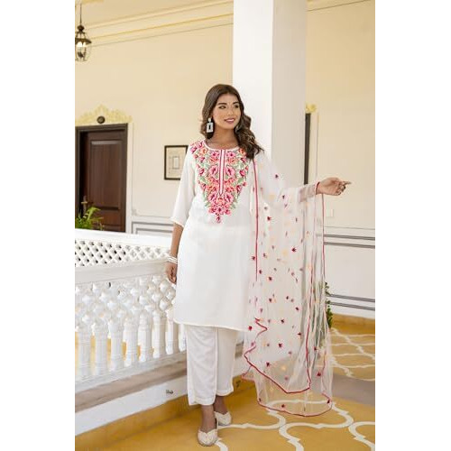 Yashika Women's Regular Embroidered Cotton Blend Kurta Pant Set This Elegant Ensemble For Special & Casual Wear, Includes A Straight Kurta, Pants & Dupatta (Az-Ys-P1-Ks2103-Xl_White, X-Large