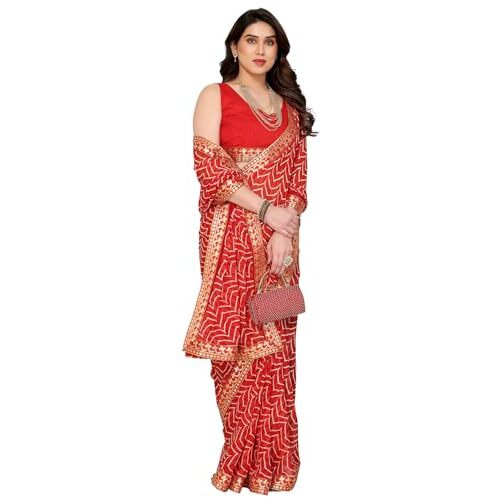 Yashika Women's Printed Georgette Printed Saree With Lace Border and Blouse Material (AZ-YS-P2-SRAVANI RED)