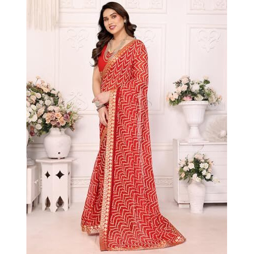 Yashika Women's Printed Georgette Printed Saree With Lace Border and Blouse Material (AZ-YS-P2-SRAVANI RED)