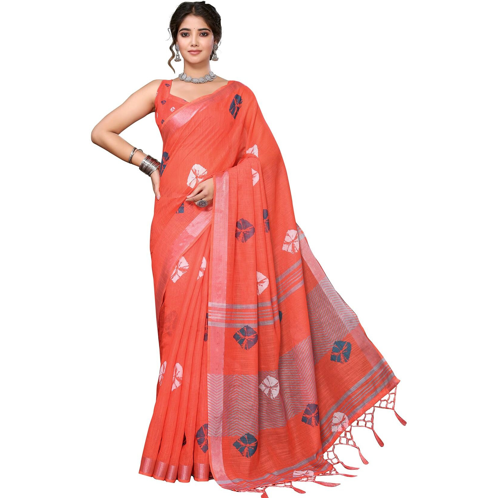 Yashika Women's Plain Digital Print Cotton Silk Blend Saree with Silver Weaving Border Tassels-Elegant Ethnic Wear for Festive and Casual Occasions (AZ-YS-P1-TIGER 01 to 06-Parent_Tiger 05-Red)
