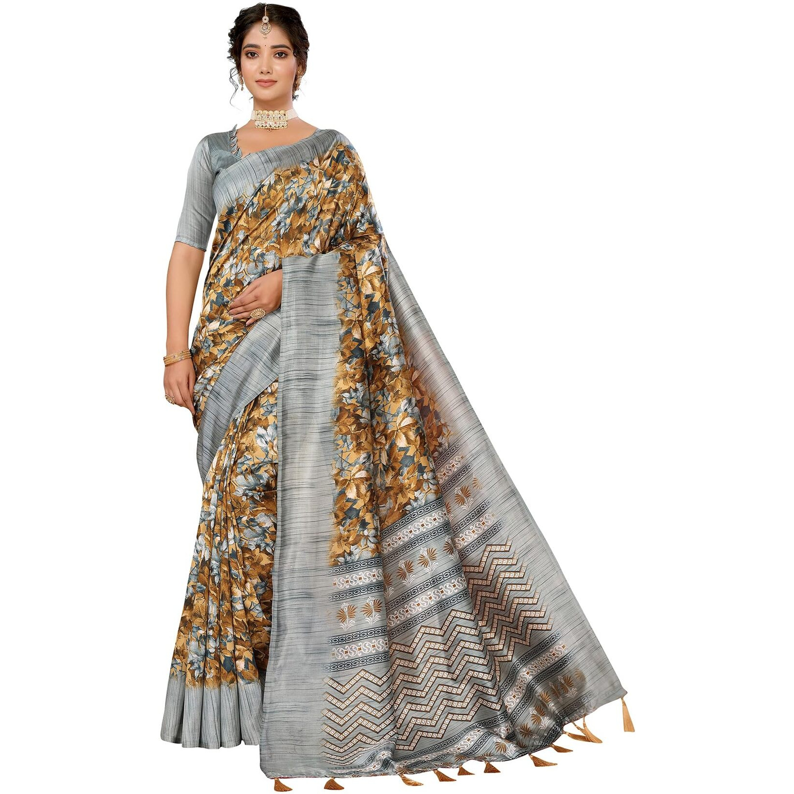 Yashika Women's Art Silk Printed with Tassels Unstitched Blouse Material Stylish Party Casual Wear Traditional Trendy Saree (AZ-YS-P1-MIRZA-Parent_Mustard)
