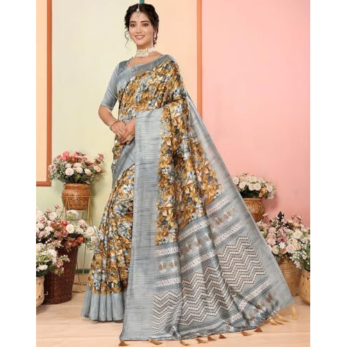 Yashika Women's Art Silk Printed with Tassels Unstitched Blouse Material Stylish Party Casual Wear Traditional Trendy Saree (AZ-YS-P1-MIRZA-Parent_Mustard)