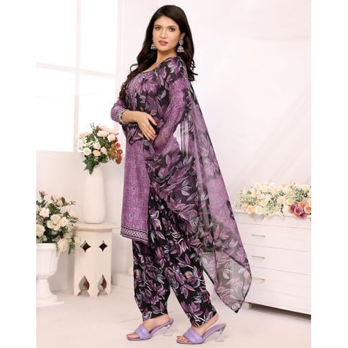 Yashika Women's Crepe Dress Material Set for Women | Unstitched Printed Fabric for Kurta Bottom & Dupatta (YS-BLACK FLOWER-SUKI GREY)