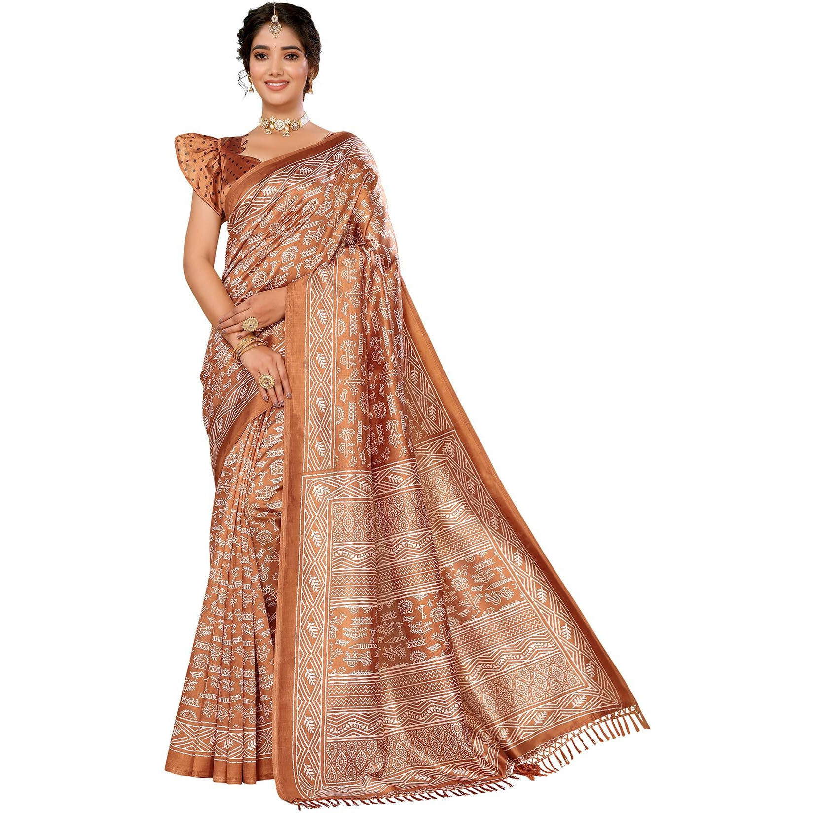 Yashika Women's Art Silk Printed with Tassels Unstitched Blouse Material Stylish Party Casual Wear Traditional Trendy Saree (AZ-YS-P1-RUPSA-Parent_Orange)