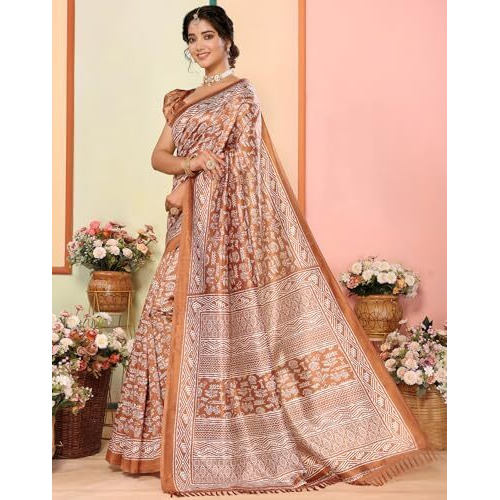 Yashika Women's Art Silk Printed with Tassels Unstitched Blouse Material Stylish Party Casual Wear Traditional Trendy Saree (AZ-YS-P1-RUPSA-Parent_Orange)