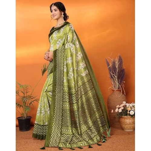 Yashika Women's Art Silk Printed with Tassels Unstitched Blouse Material Stylish Party Casual Wear Traditional Trendy Saree (AZ-YS-P1-RUTIKA-Parent_Mahendi)