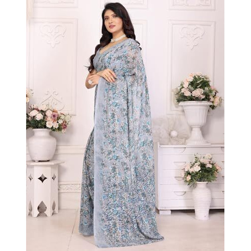 Yashika Women's Georgette Printed Saree With Blouse Material |saree for Women | saree collection 2025 | New Sari | Latest Saree (AZ-YS-P3-BARSHA GREY)