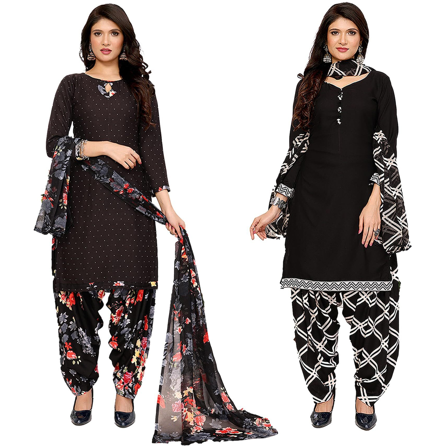Yashika Women's Crepe Dress Material Set for Women | Unstitched Printed Fabric for Kurta Bottom & Dupatta (YS-BLACK FLOWER-BLACK ARYA)