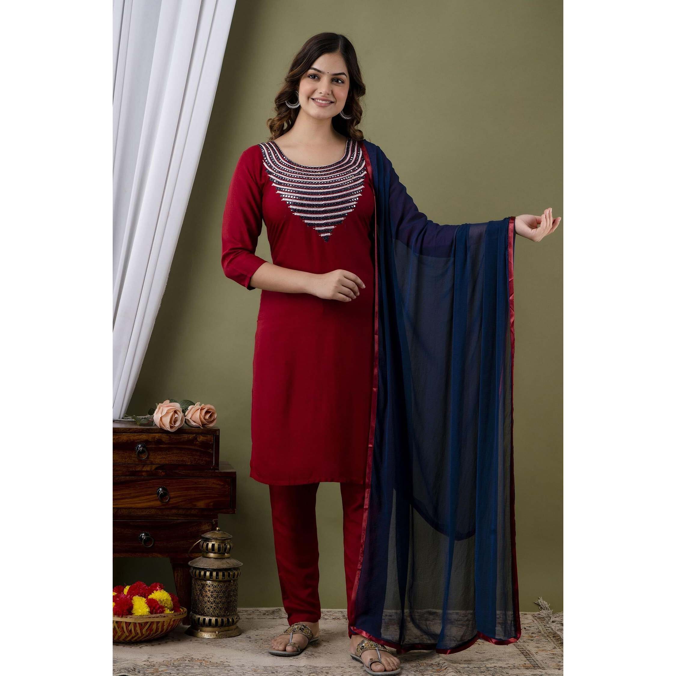 Yashika Women's Cotton Rayon Maroon Color Kurta and Pant Set with Dupatta (YS-KS2055-L)
