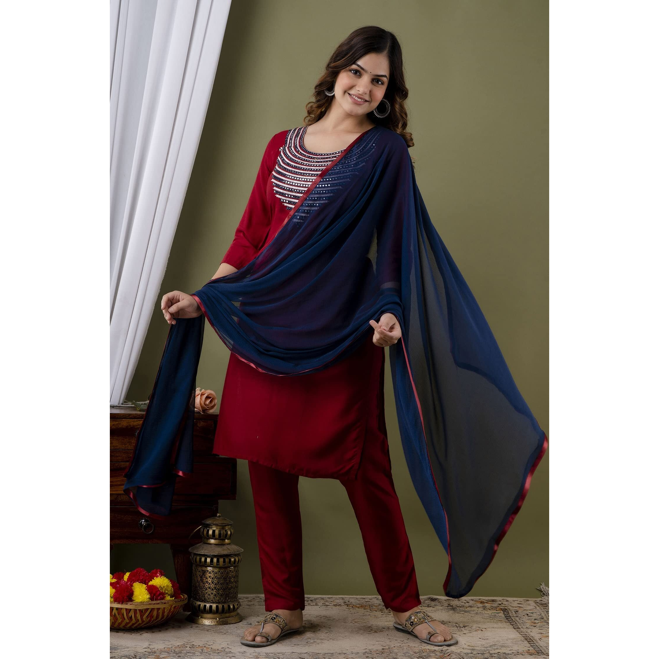 Yashika Women's Cotton Rayon Maroon Color Kurta and Pant Set with Dupatta (YS-KS2055-L)