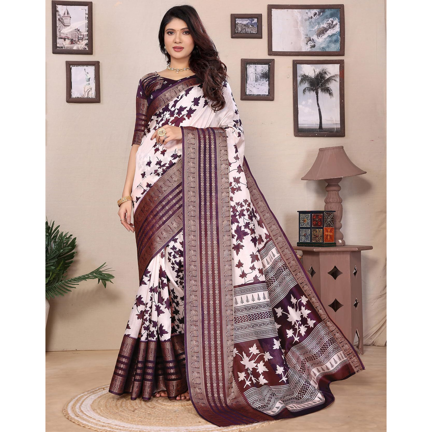 Yashika Women's Dola Silk Printed Saree With Blouse Material |saree for Women | saree collection 2025 | New Sari | Latest Saree (AZ-YS-P1-GYANI WHITE PURPLE)