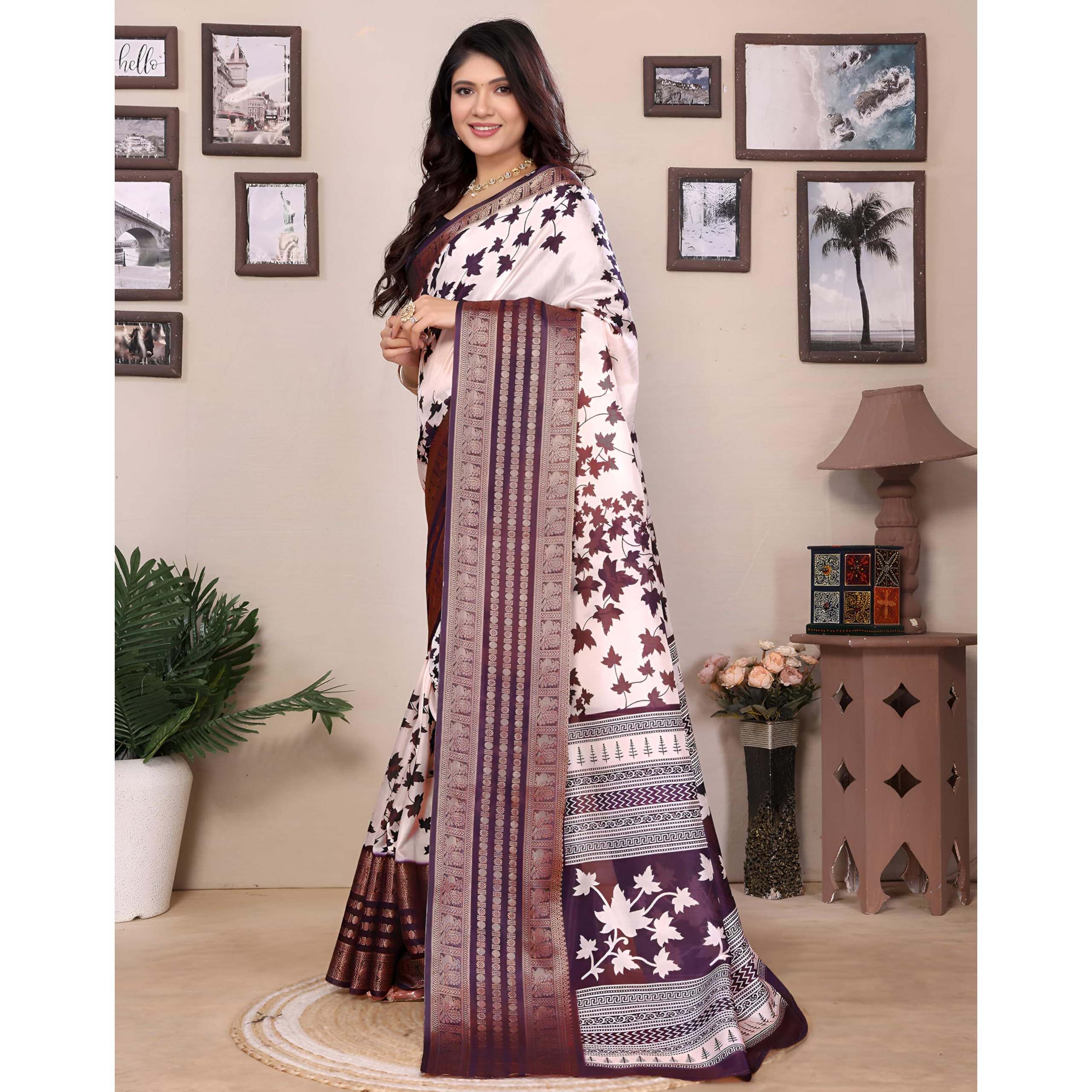 Yashika Women's Dola Silk Printed Saree With Blouse Material |saree for Women | saree collection 2025 | New Sari | Latest Saree (AZ-YS-P1-GYANI WHITE PURPLE)