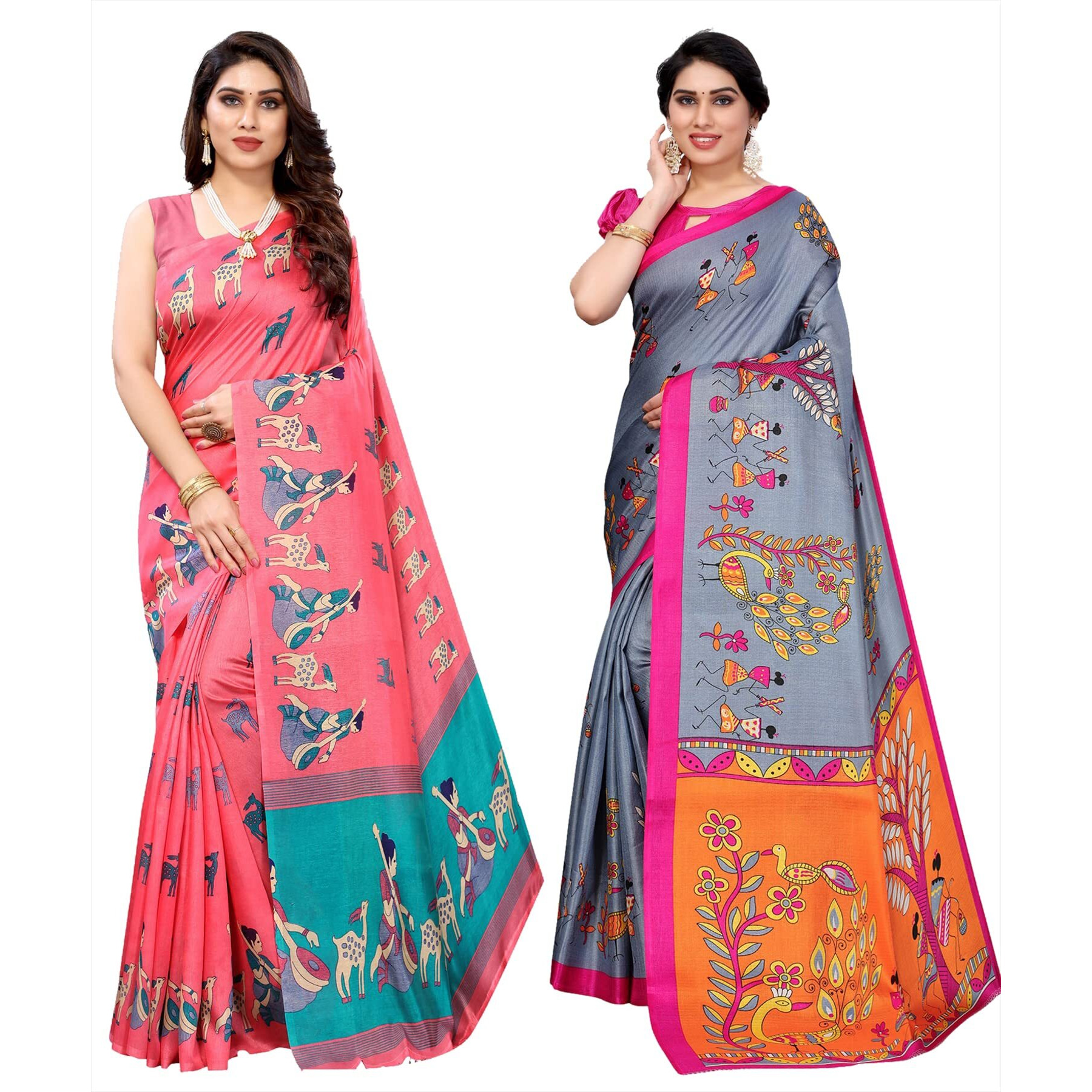 Yashika Women's Combo Art Silk Printed Saree With Blouse Piece Pack Of 2(MAITHALI PINK-DANDIYA GREY)