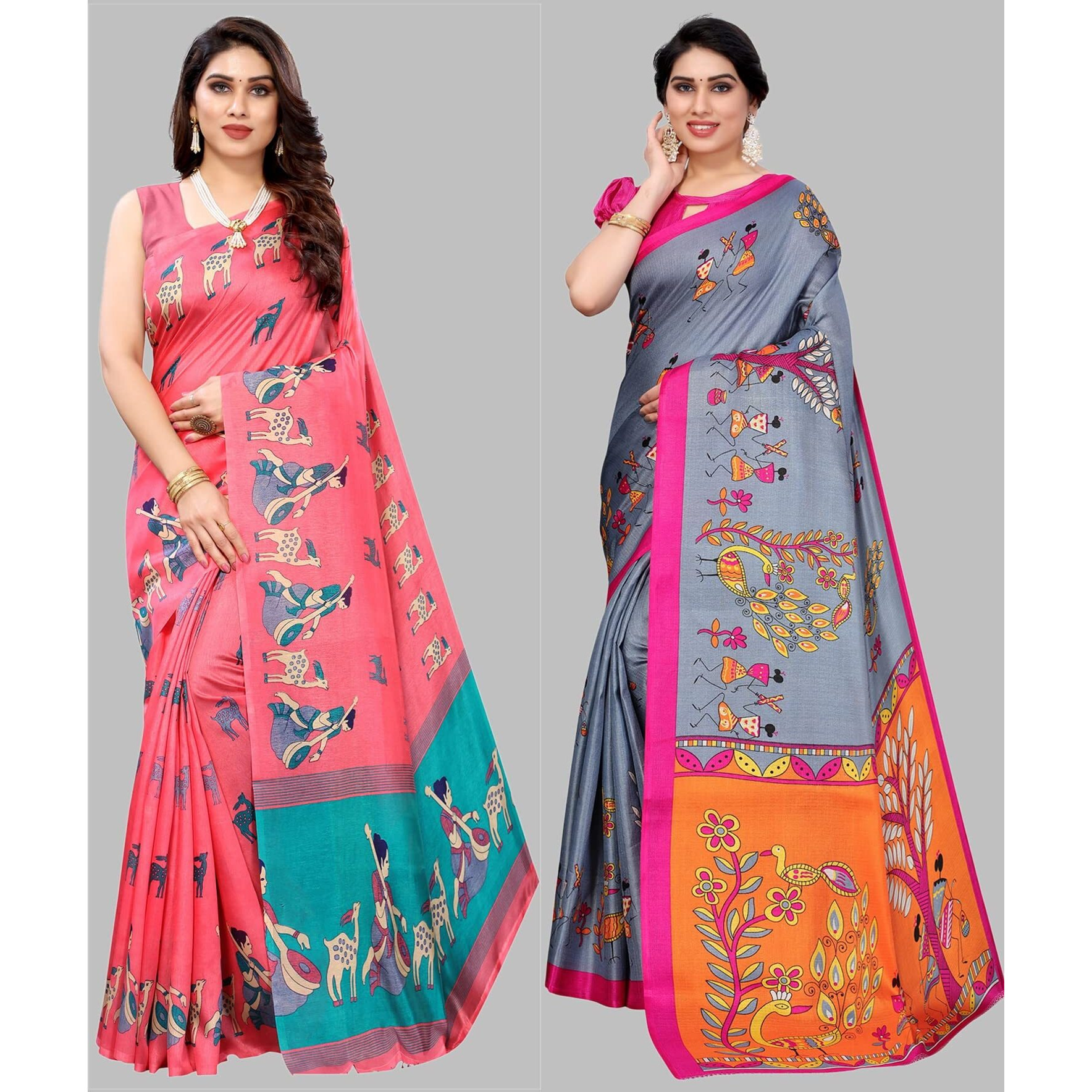 Yashika Women's Combo Art Silk Printed Saree With Blouse Piece Pack Of 2(MAITHALI PINK-DANDIYA GREY)