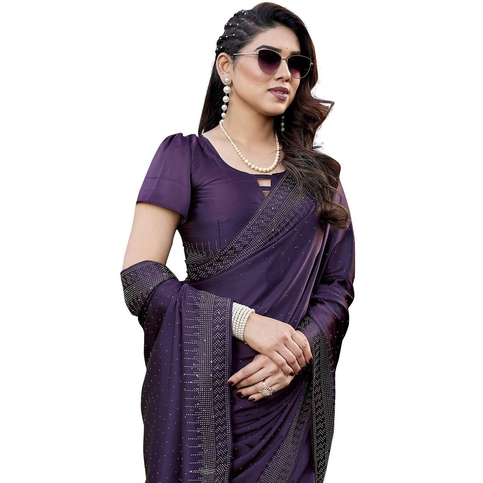 Yashika Women's Bollywood Satin Moss With Swarovski Stone Saree with Blouse |saree for Women | Silk Saree | New Sari | Latest Saree (AZ-YS-P3-SHUBHRA PURPLE)