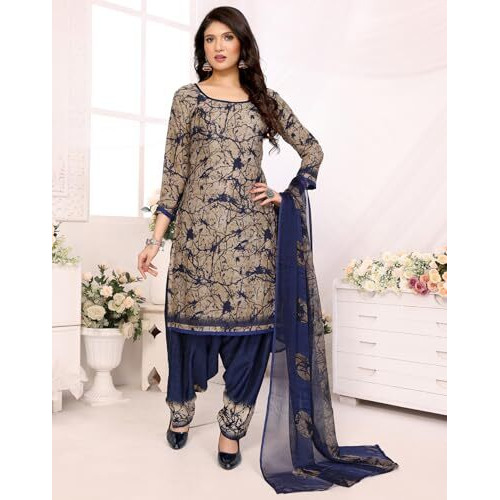 Yashika Women's Crepe Dress Material Set for Women | Unstitched Printed Fabric for Kurta Bottom & Dupatta (YS-ADDA BLUE-NITU GREEN)