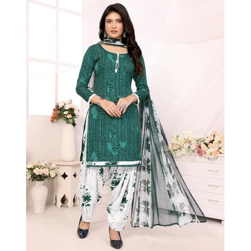 Yashika Women's Crepe Dress Material Set for Women | Unstitched Printed Fabric for Kurta Bottom & Dupatta (YS-ADDA BLUE-NITU GREEN)