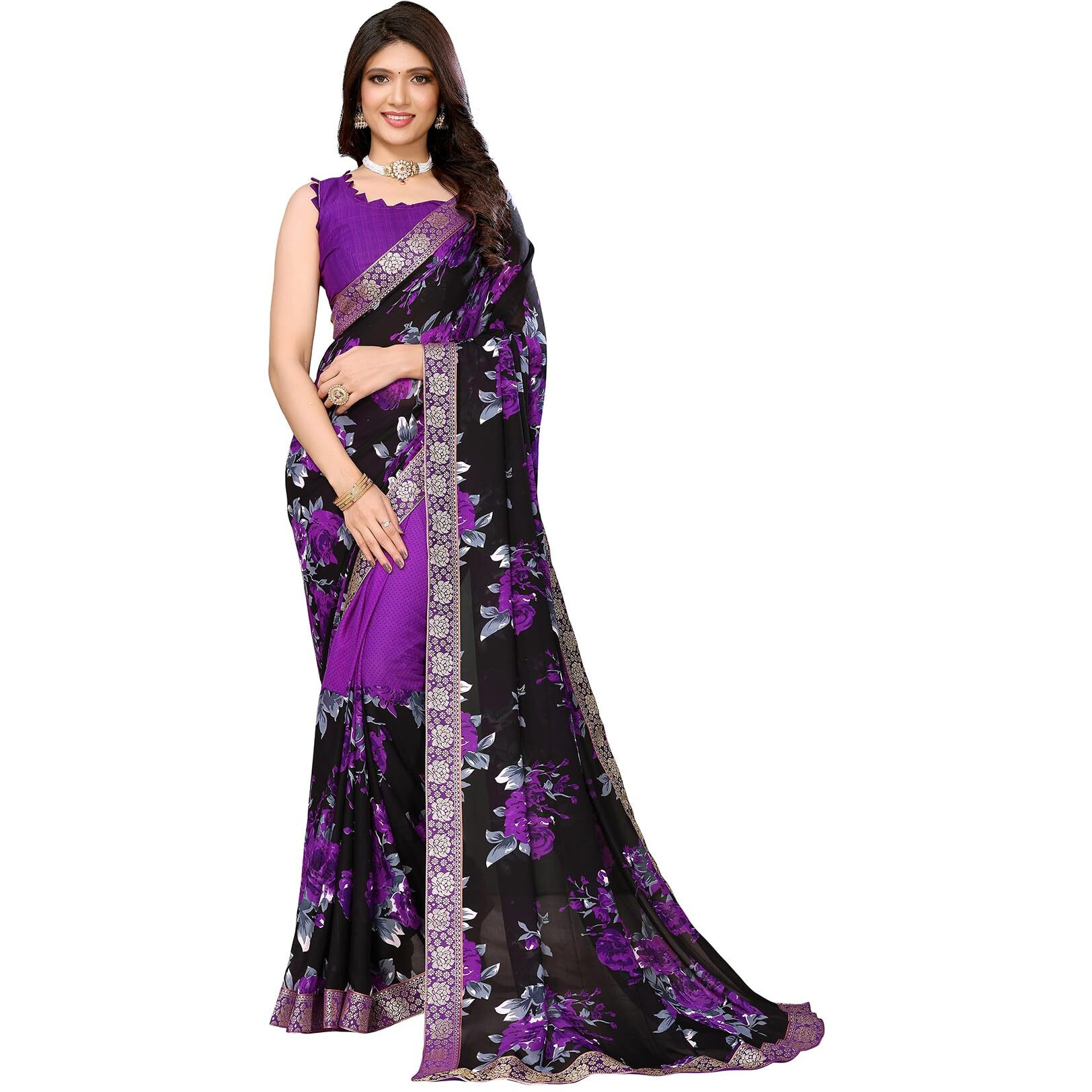 Yashika Women's Latest Woven Printed Georgette Jacquard lace Saree with Unstitched Blouse Material-Suitable for All Indian Weddings and Festivals (AZ-YS-P1-JEKLIN-KRITIKA-METRI-Parent_Violet)