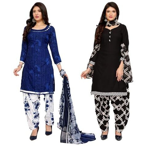 Yashika Women's Crepe Dress Material Set for Women | Unstitched Printed Fabric for Kurta Bottom & Dupatta (YS-NITU BLUE-BLACK ARYA)
