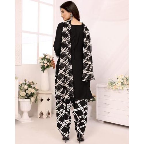 Yashika Women's Crepe Dress Material Set for Women | Unstitched Printed Fabric for Kurta Bottom & Dupatta (YS-NITU BLUE-BLACK ARYA)