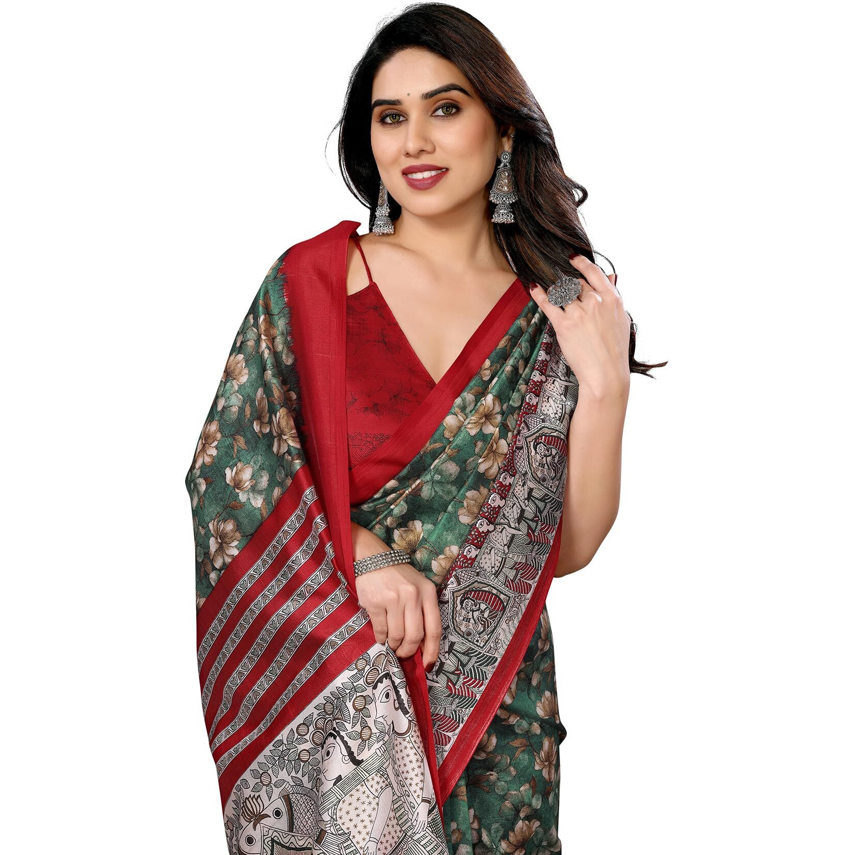 Yashika Women's Printed Kalamkari Art Silk Saree With Tassels and Unstitched Blouse Material (AZ-YS-P3-SUBILA GREEN JHALAR)