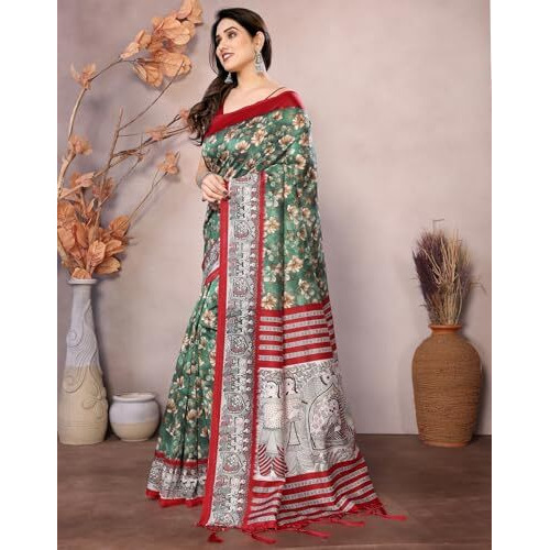 Yashika Women's Printed Kalamkari Art Silk Saree With Tassels and Unstitched Blouse Material (AZ-YS-P3-SUBILA GREEN JHALAR)