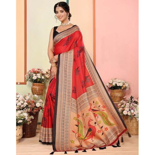 Yashika Women's Art Silk Printed with Tassels Unstitched Blouse Material Stylish Party Casual Wear Traditional Trendy Saree (AZ-YS-P1-KRIPA-Parent_Red)